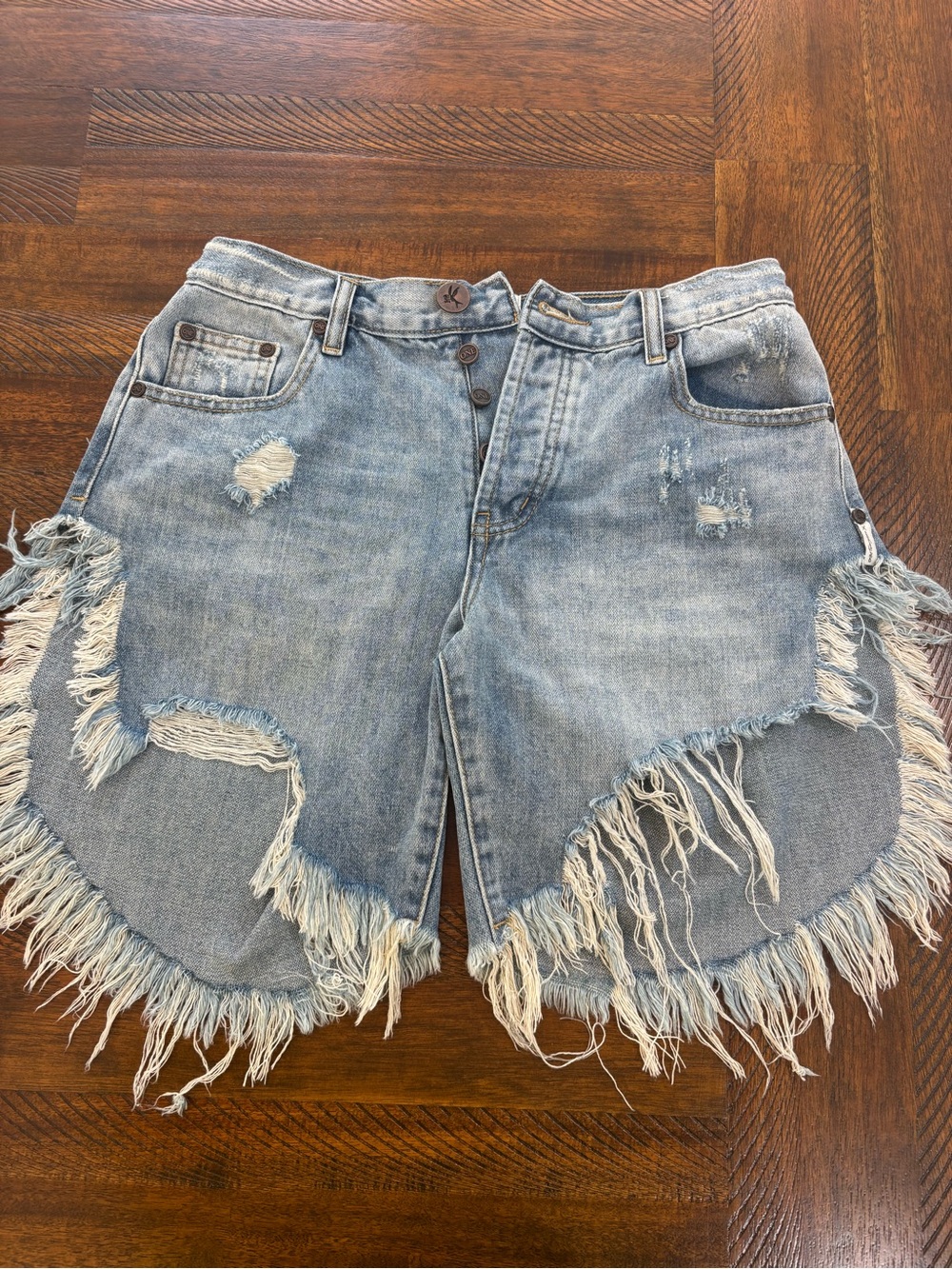 One Teaspoon Light Blue Distressed Fringed Denim Shorts